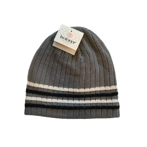 Isotoner Grey Black Cream Striped Knit Cap Hat Cold Weather New - Picture 4 of 4